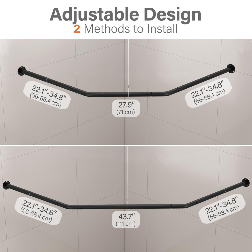 Yampos Diamond Shaped Corner Shower Curtain Rod, [Both Sides: 22"-34.8", Middle: 28"-43.7"] Adjustable Heavy Duty Angled Shower Curtain Pole for Bathroom with 12 Hooks & Ceiling Support - Matte Black