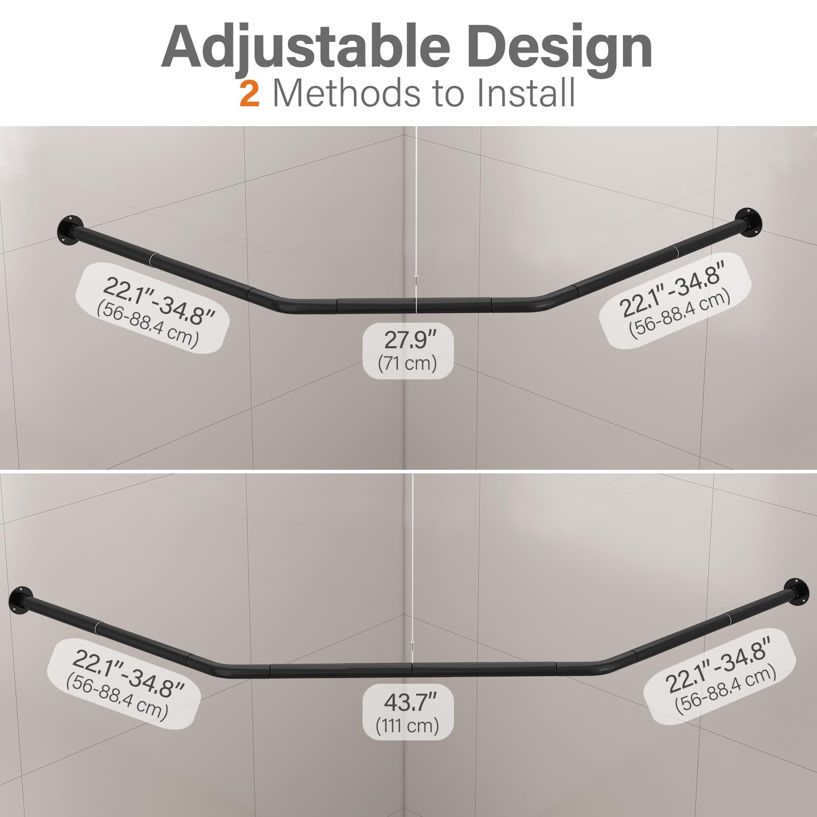 Yampos Diamond Shaped Corner Shower Curtain Rod, [Both Sides: 22"-34.8", Middle: 28"-43.7"] Adjustable Heavy Duty Angled Shower Curtain Pole for Bathroom with 12 Hooks & Ceiling Support - Matte Black