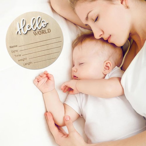 Baby Announcement Sign, 5.9 Inch Wooden Hello World Newborn Signs, Birth Announcement Sign, Baby Shower Hospital Nursery for Newborn Boys and Girls (White,Pen)