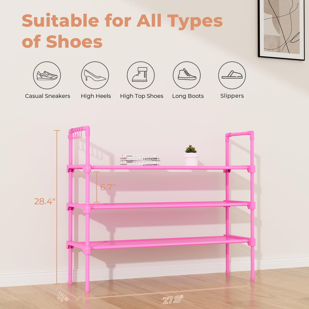LANTEFUL 3 Tier Shoe Rack for Closet, Shoe Organizer with 5 Hooks, Long Shoe Shelf Storage for Shoe and Boot Stackable Free Standing Shoe Rack for Entryway, Garage, Small Spaces, Dorm, Pink