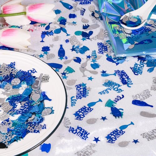 Blue and Silver Happy Birthday Confetti, 3000 Pcs Metallic Foil Table Scatter