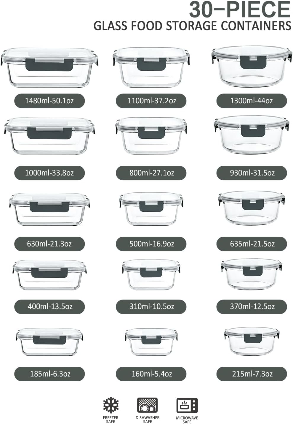 M MCIRCO Glass Food Storage Containers - 30-Piece Airtight Meal Prep Set with Snap Locking Lids | Microwave, Oven, Freezer Safe