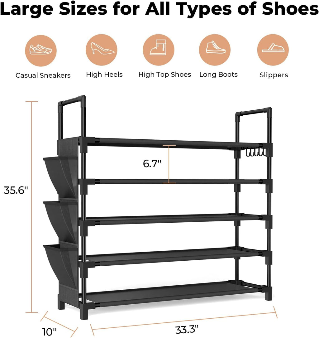 Skiennix 5-Tier Shoe Rack - Space-Saving Organizer for 20-25 Pairs | Stackable Free-Standing Design with Hooks