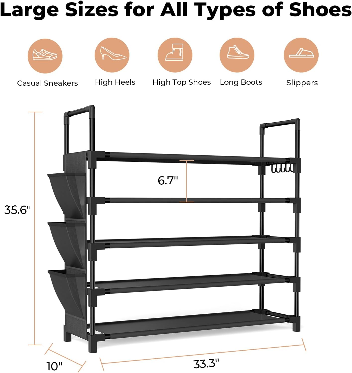 Skiennix 5-Tier Shoe Rack - Space-Saving Organizer for 20-25 Pairs | Stackable Free-Standing Design with Hooks