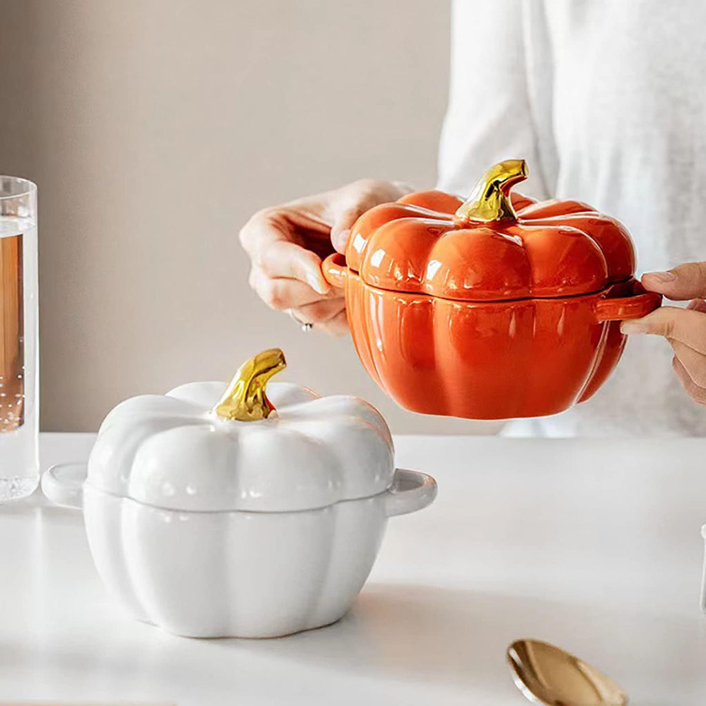 Pumpkin Bowl Set - 4 Ceramic Ramekins with Lid & Handle | Oven Safe Stoneware, 14 Oz (Orange)