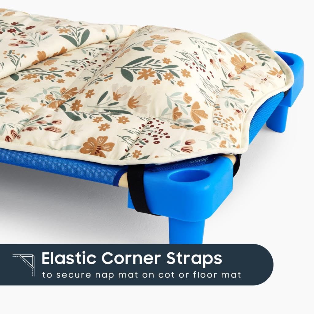 Wake In Cloud - Cot Nap Mat with Pillow and Blanket, for Toddler Kids Girls Ages 3 Plus in Daycare Kindergarten Preschool with Elastic Corner Straps, Floral Botanical Flowers, Orange Cream