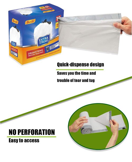 Besli 10 Gallon Drawstring Trash Bag Garbage Bag Trash Can Liner,0.9 Mil,90 Counts