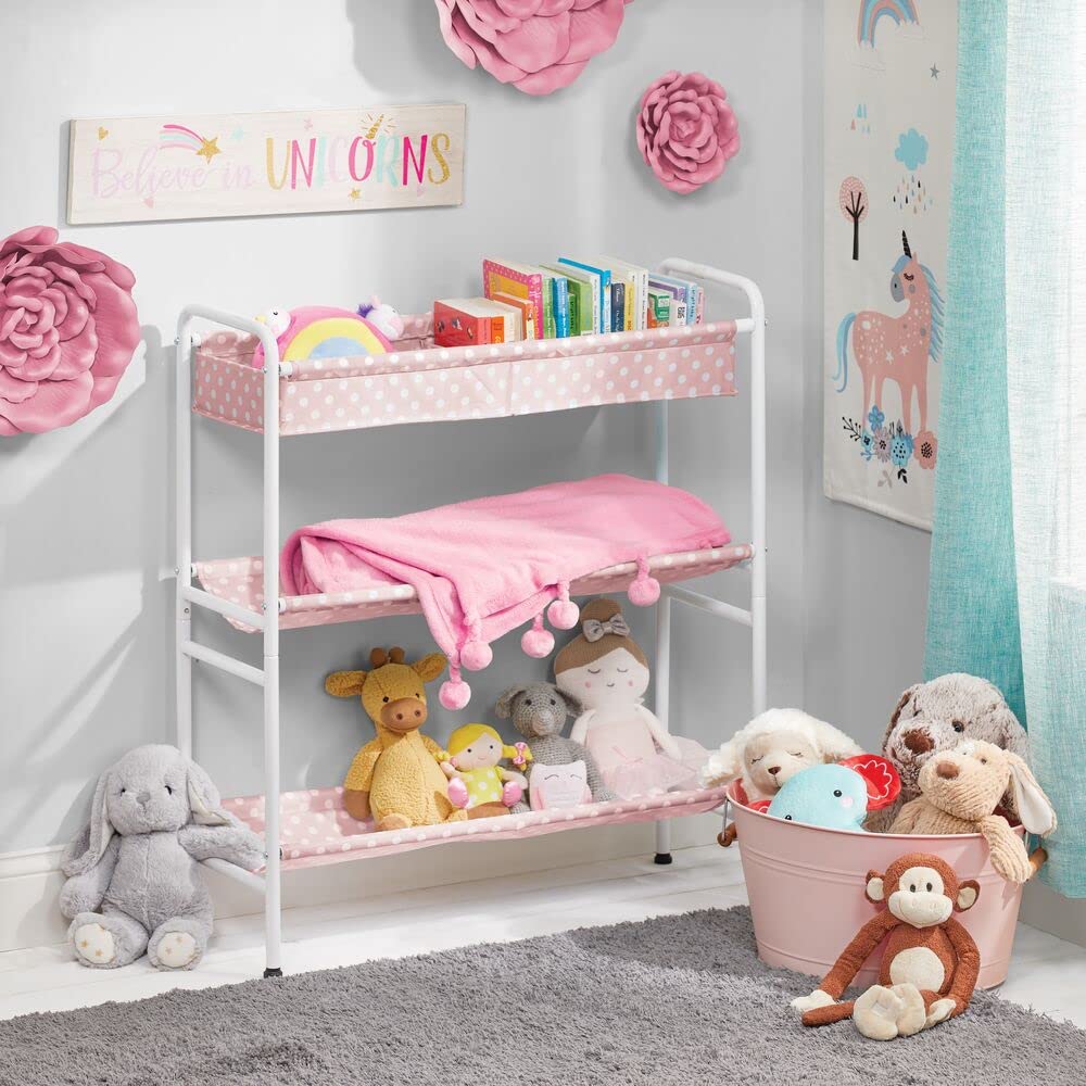 mDesign 3-Tier Metal Frame, Vertical Toy Storage Organizer Cart for Child/Kids Bedroom, Toy Room, Playroom - Holds Toys, Crayons, Building Blocks, Puzzles, Crafts, Books, Blankets - Pink/White