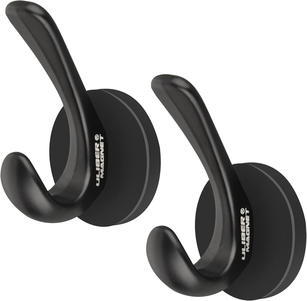 ULIBERMAGNET Strong Magnetic Coat Hooks - Heavy Duty Double Hooks for Coats, Towels & Keys | 2 Pack (Black)