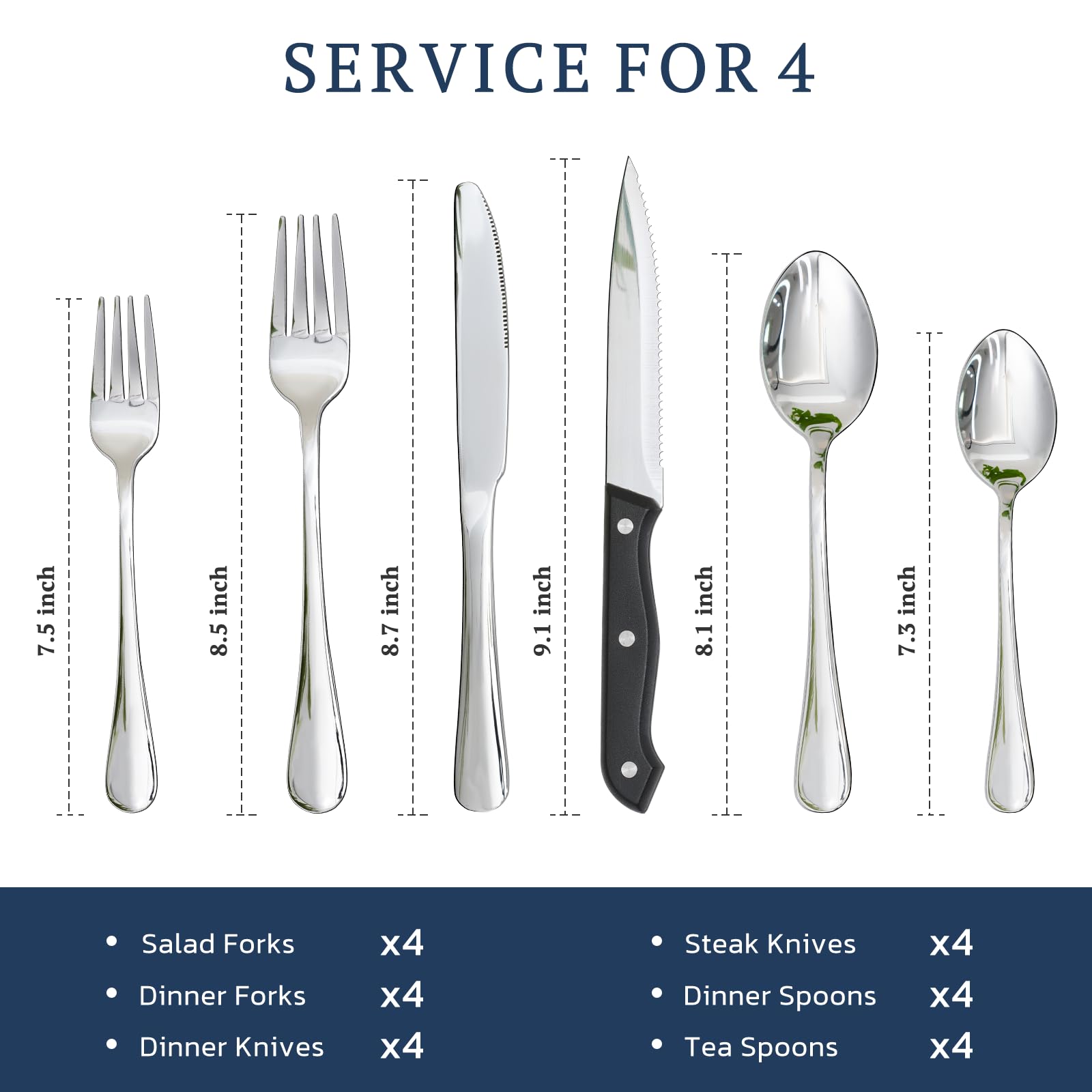Astercook Silverware Set with Steak Knives 24-Piece Flatware Set for 4 Food-Grade Stainless Steel Cutlery Set Mirror Polished Utensils Set Include Spoons and Forks for Home Gifts for Women