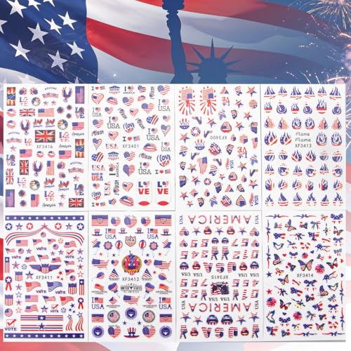 Nudurom 8 Sheets 4th of July Patriotic Nail Stickers 3D USA Decals