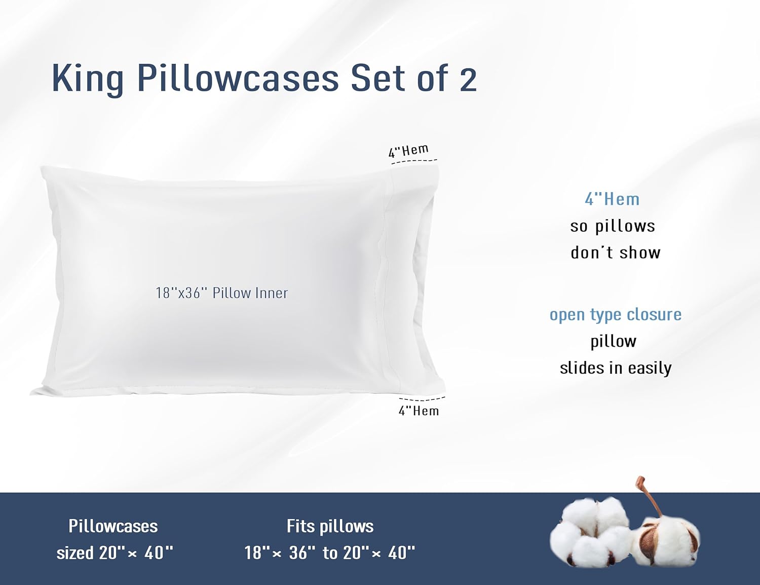 Regine Switzerland King Size Cotton Percale Pillowcases - Breathable & Hypoallergenic, Set of 2 (20x40 Inch, White)