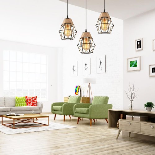 3 Pack Industrial Hemp Rope Pendant Lamp Shade, Small Vintage Boho Hanging Light Shades, Mini Rustic Metal Cage Lampshade for E27 Chandelier Wall Sconces Ceiling Hanging Pendant Light Fixture
