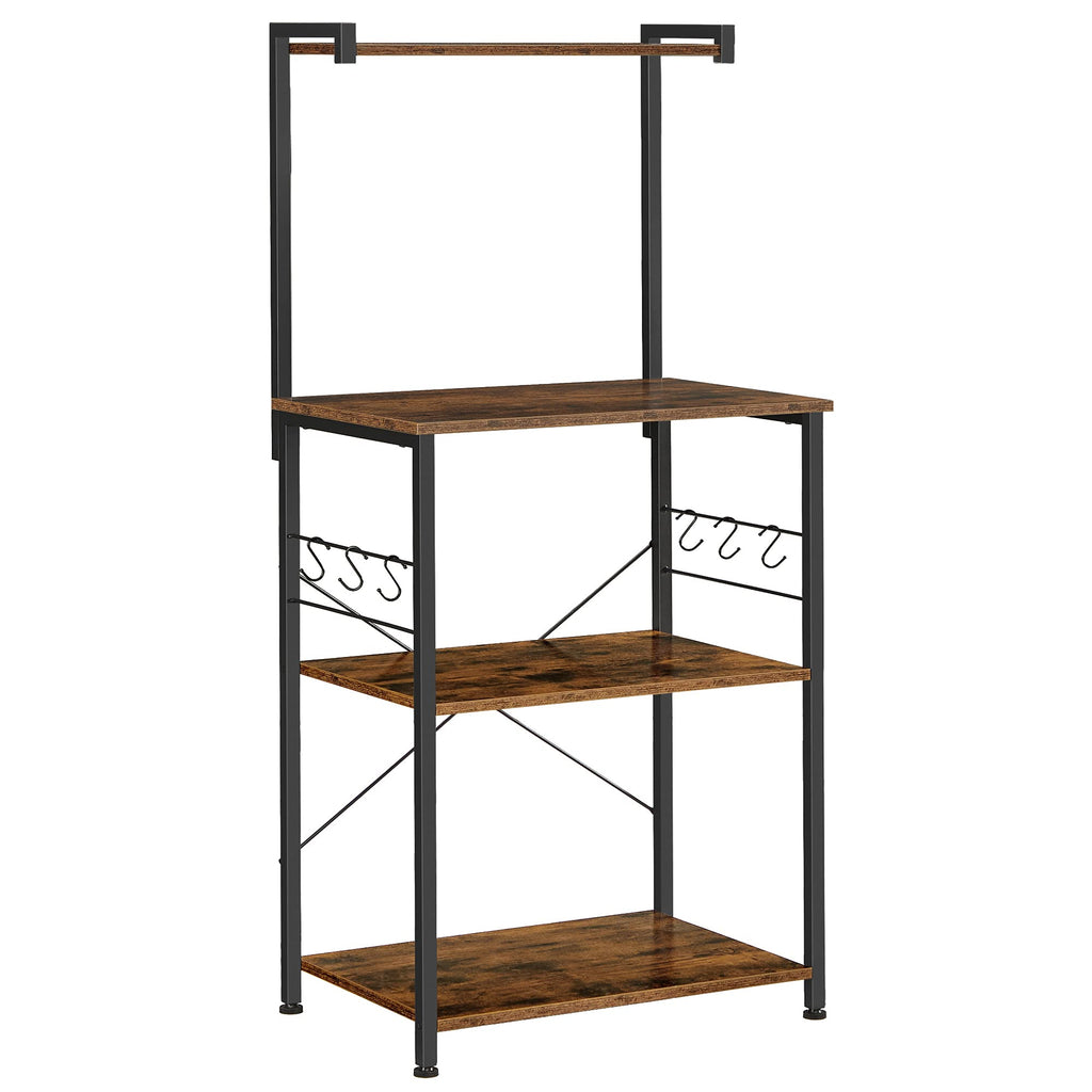 VASAGLE Kitchen Storage, Bakers Rack, Coffee Bar, 3-Tier Shelf, 6 S-Hooks, for Microwave, Spice Jars, Pots and Pans, Industrial, Rustic Brown and Black UKKS023B01