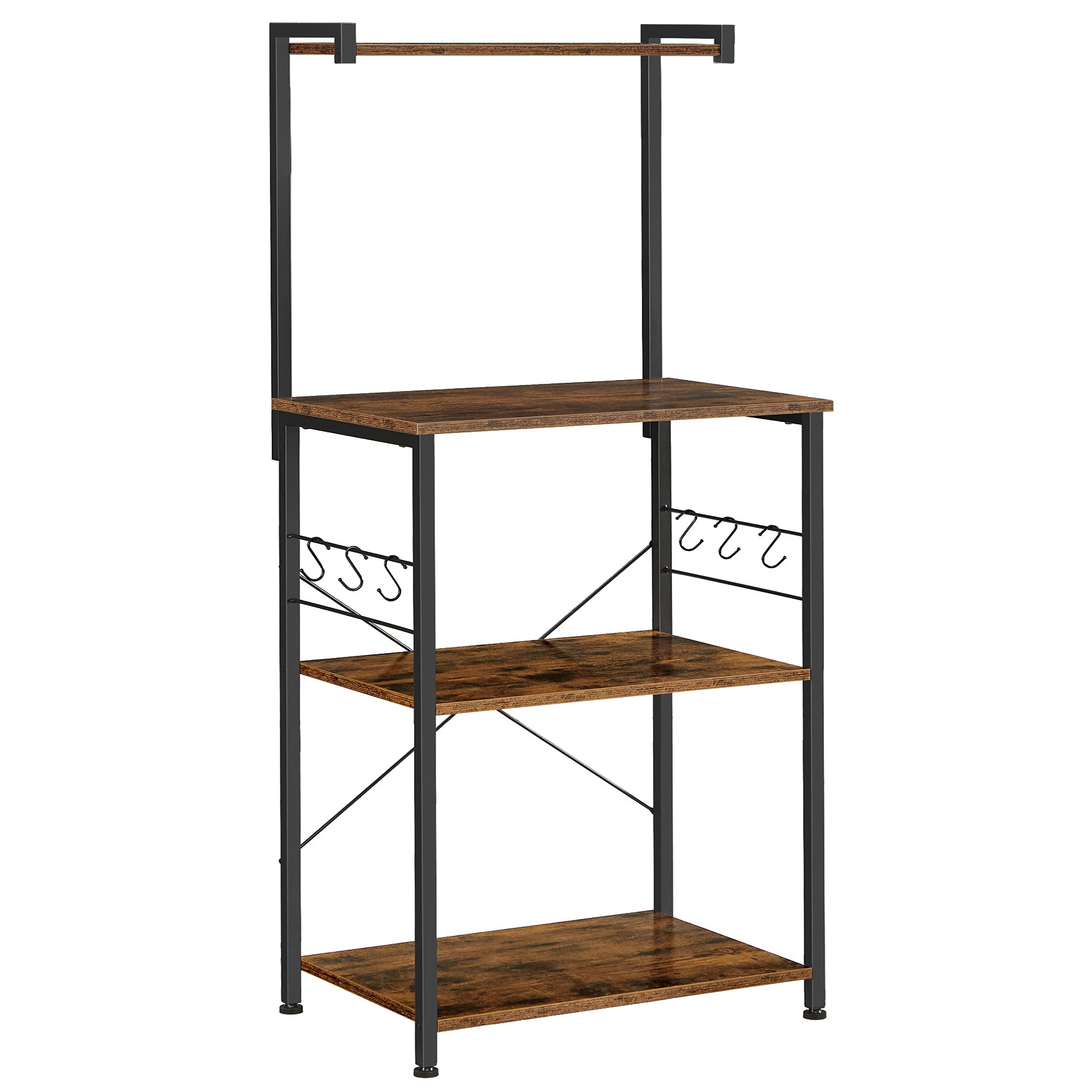 VASAGLE Kitchen Storage, Bakers Rack, Coffee Bar, 3-Tier Shelf, 6 S-Hooks, for Microwave, Spice Jars, Pots and Pans, Industrial, Rustic Brown and Black UKKS023B01