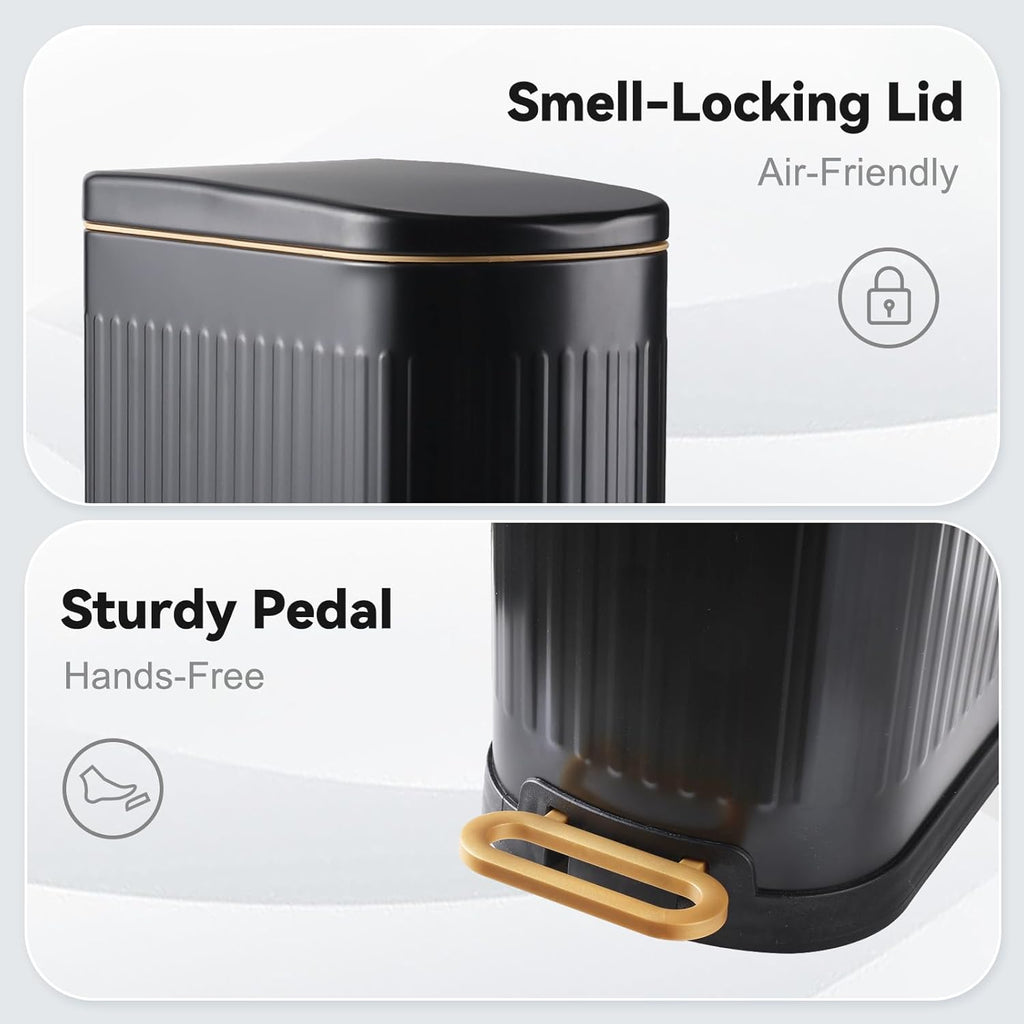 SYNCVIBE Slim Bathroom Trash Can - Stainless Steel Soft Close Step Bin with Removable Inner Bucket | Matt Black, 3.5 Gallons