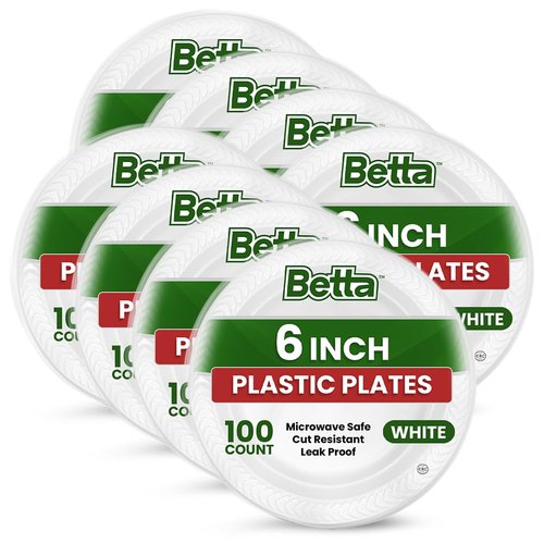 Betta 6-Inch Disposable Plastic Dessert Plates, White, 800 Count, Bulk Case for Schools, Breakrooms and Cafeteria, Microwave Safe (8 Pack Per Box x100)