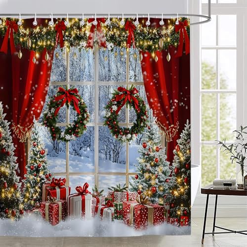 Christmas Shower Curtain 70x70 Inches, Winter Forest Tree Design - Red Green