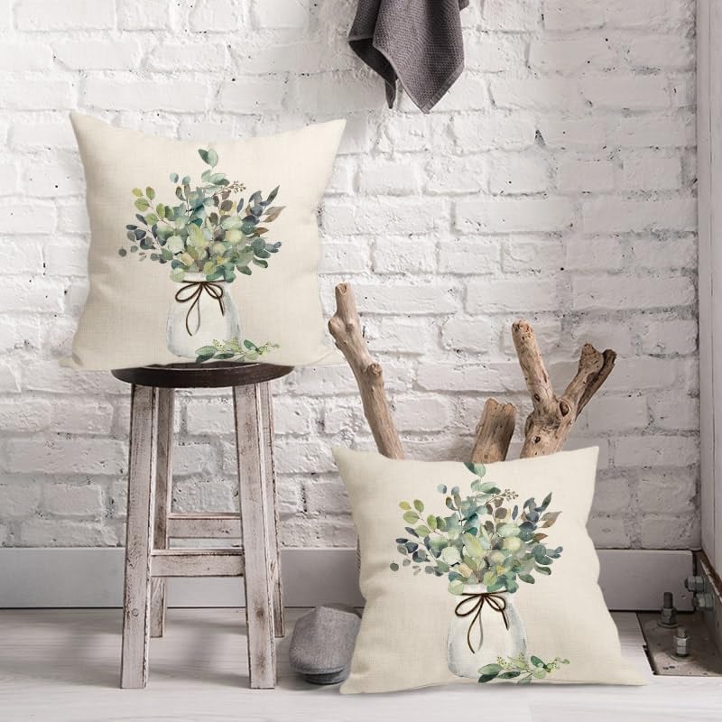 Eucalyptus Leaf Pillow Covers Set of 2 | 16x16 Inch Sage Green