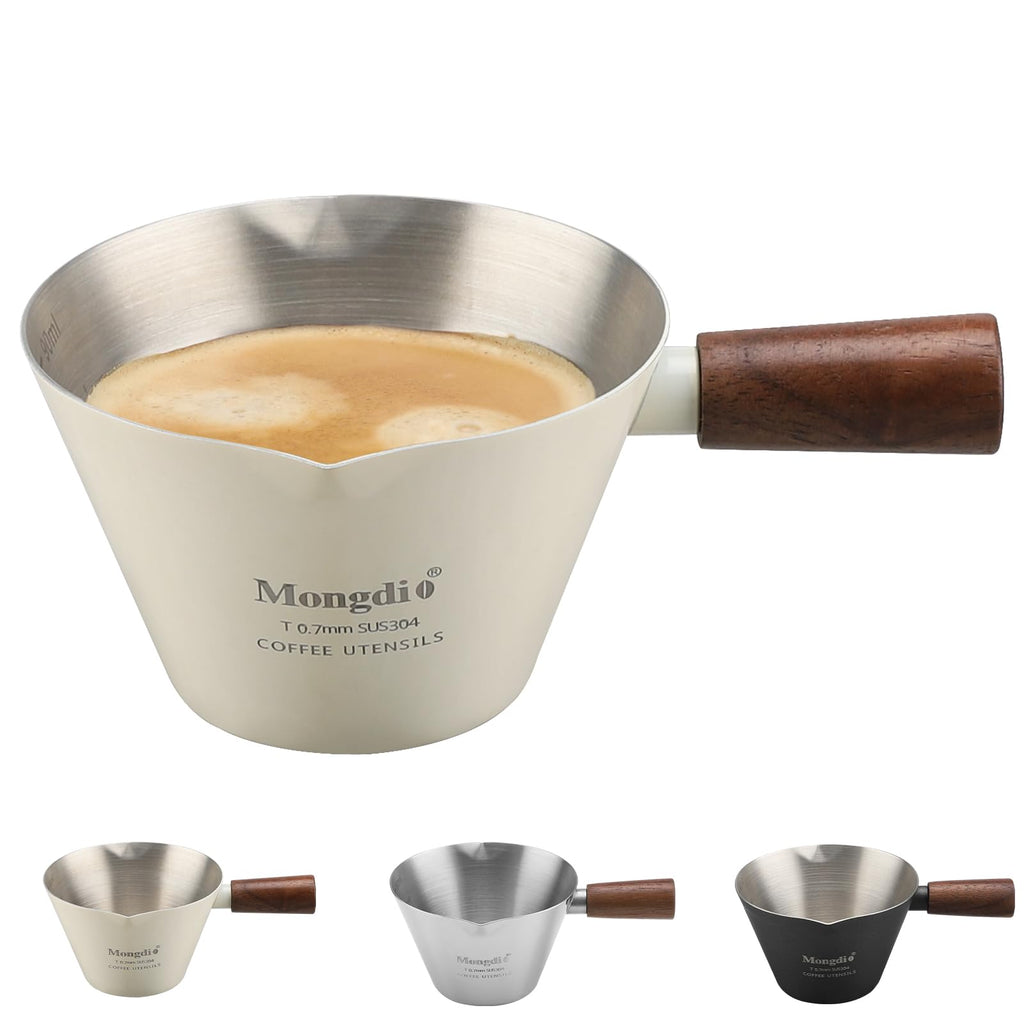 Mongdio Espresso Measuring Cup, Stainless Steel Espresso Shot Cups with Wooden Handle and Double Spouts, 3.4OZ/100ML, White