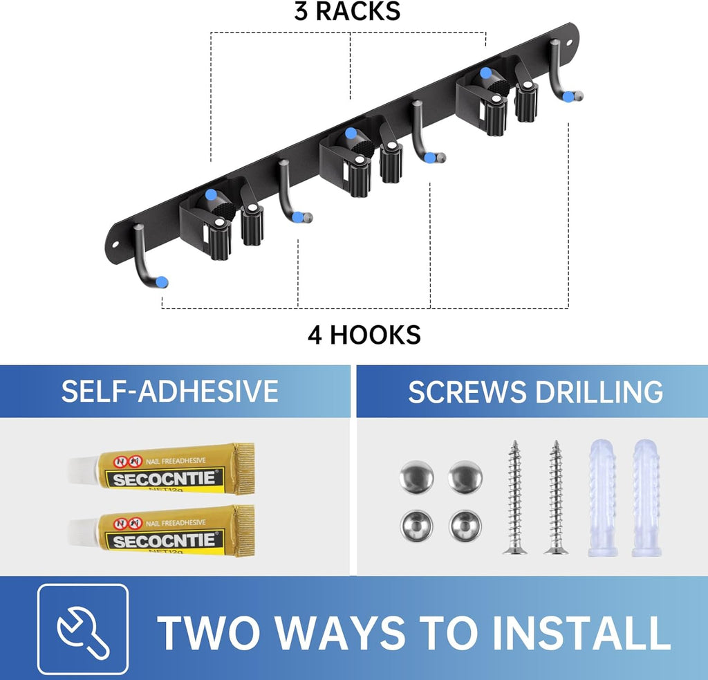 ZONGOOL Mop and Broom Holder - Wall-Mounted Organizer with 3 Racks & 4 Hooks | Stainless Steel, Black