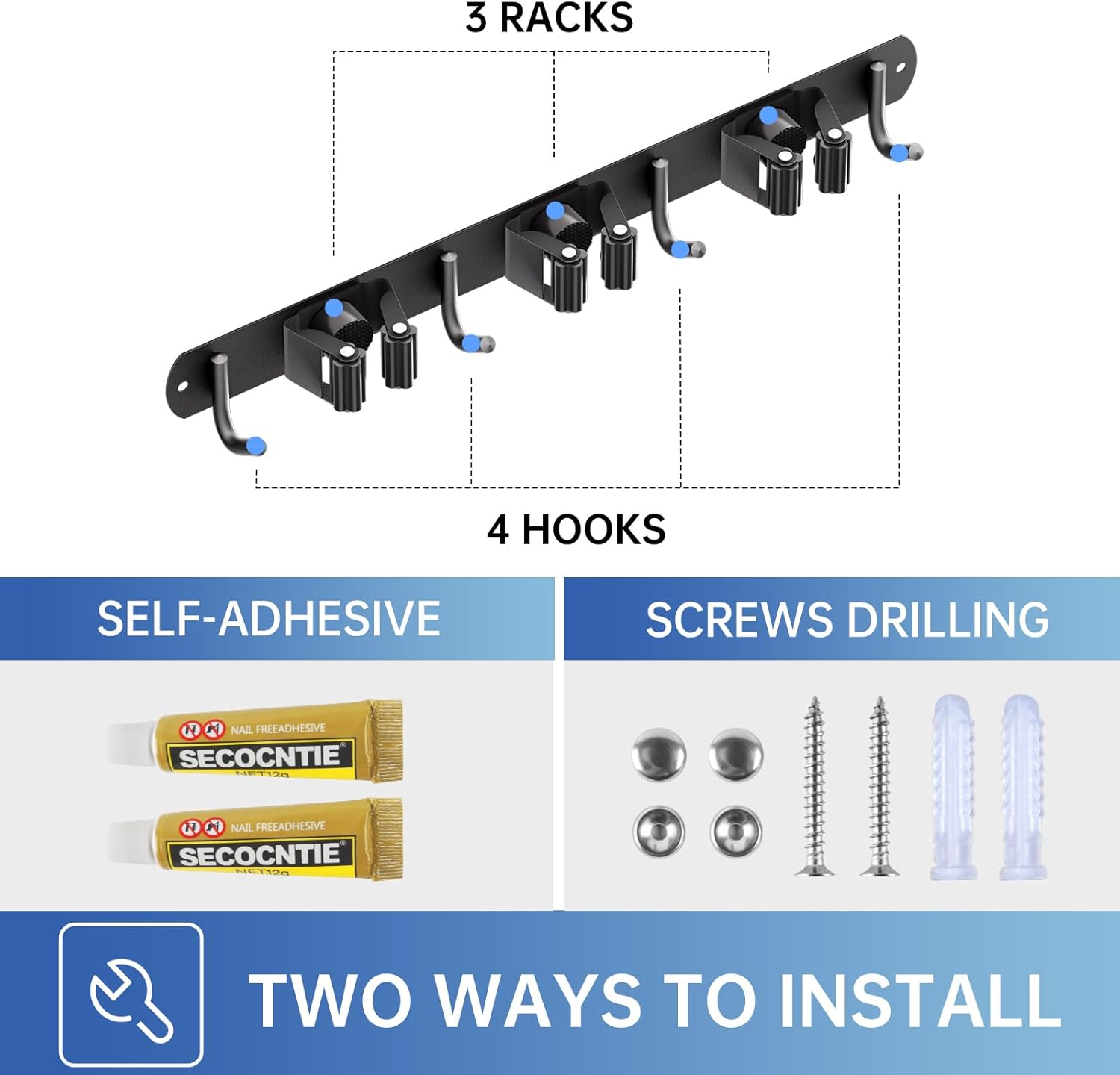 ZONGOOL Mop and Broom Holder - Wall-Mounted Organizer with 3 Racks & 4 Hooks | Stainless Steel, Black