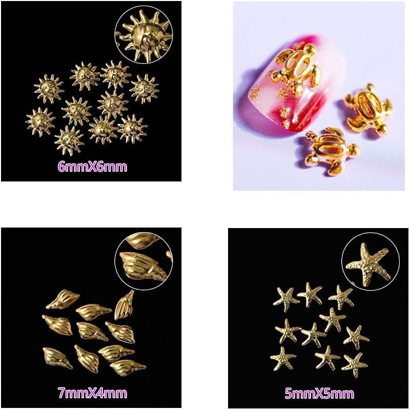 GANPUB Gold Ocean Nail Art Studs - 3D Summer Beach Charms & Metal Rivets