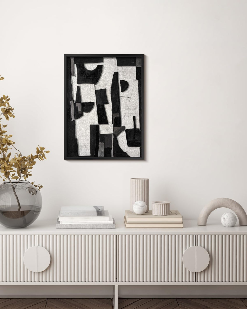 Skiennix Modern Black & White Abstract 3D Stacked Sandstone Wall Art - 12x16 Geometric Design in Metal Frame for Contemporary Home Decor