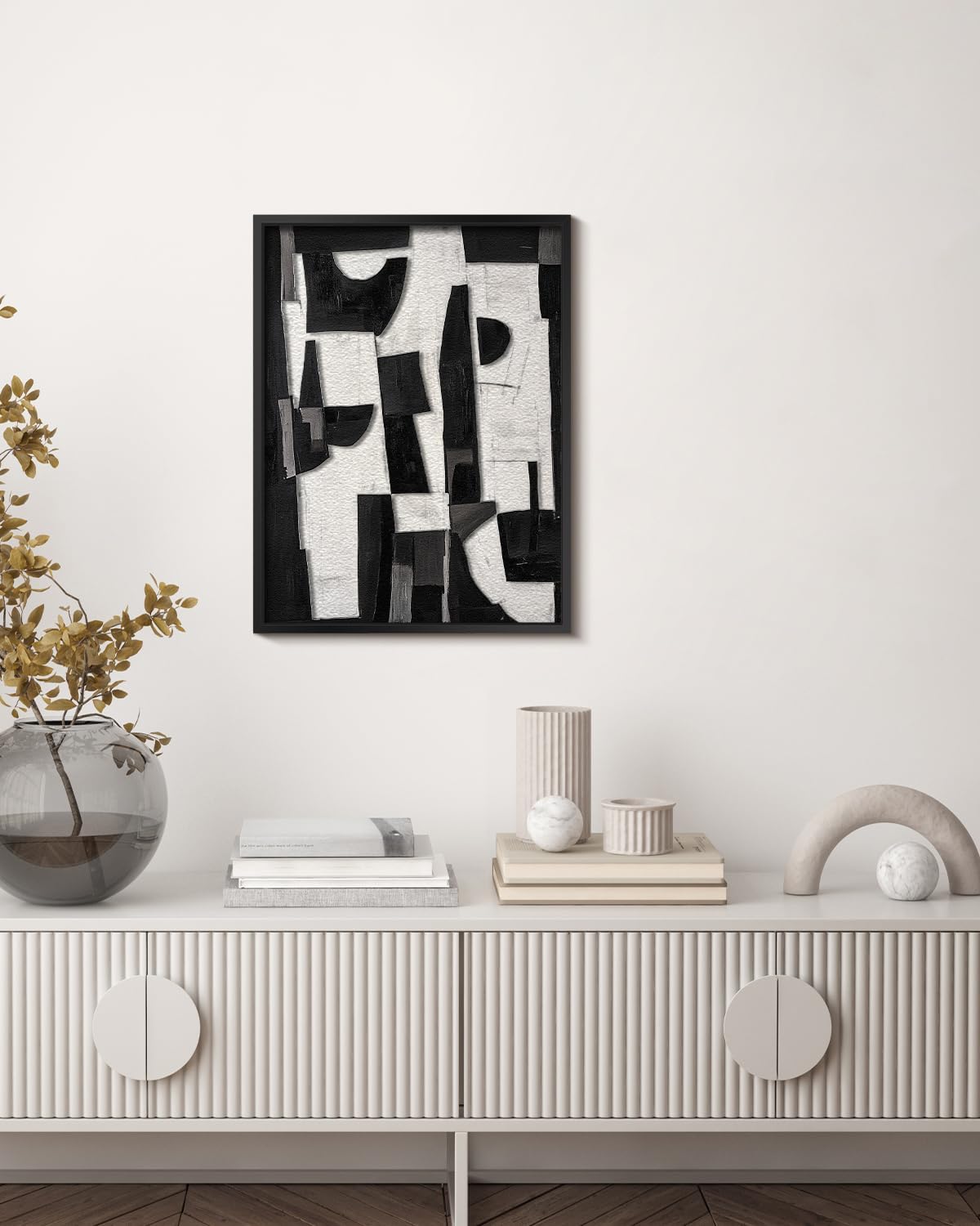 Skiennix Modern Black & White Abstract 3D Stacked Sandstone Wall Art - 12x16 Geometric Design in Metal Frame for Contemporary Home Decor