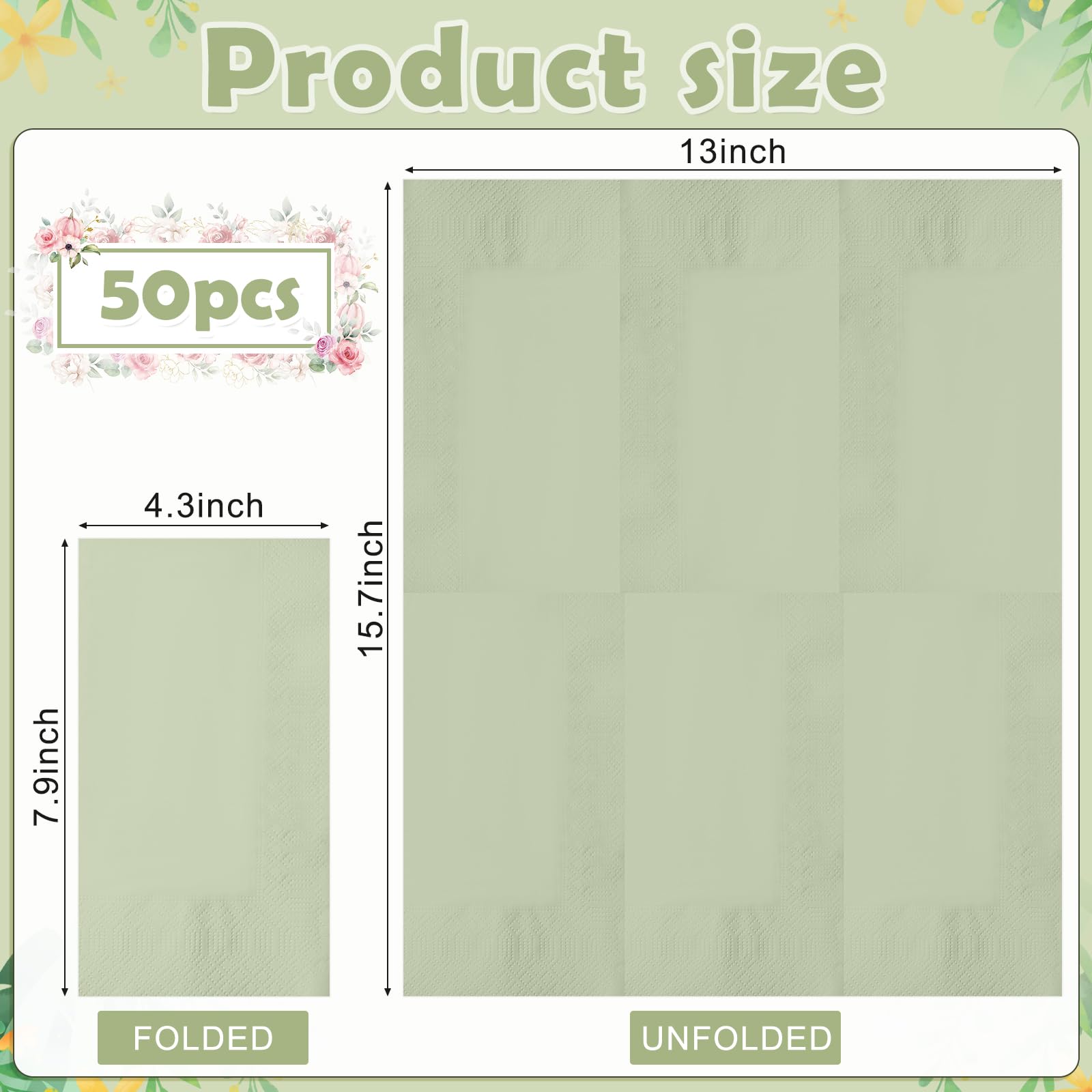 50Pcs Sage Green Disposable Paper Napkins,Decorative Dinner Cocktail Napkin Paper Hand Towels for Easter,Wedding,Birthday,Baby Shower Party Decorations and Supplies,7.9x4.3