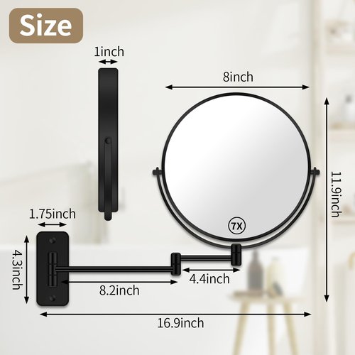 BTremary 8” Wall Mounted Magnifying Makeup Mirror 1X/7X Wall Mount Mirror Swing Arm Two-Sided 360° Swivel Bathroom Shaving Mirror for Men and Women in Hotel/Home, Black
