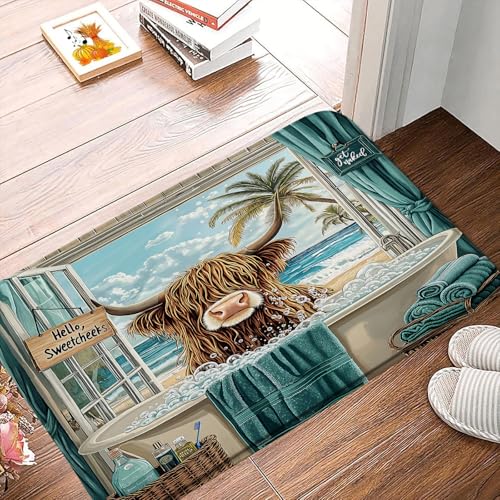 Highland Cow Bath Mat, Blue Ocean Farm Animal Memory Foam Rug, 17.8x29.5 In