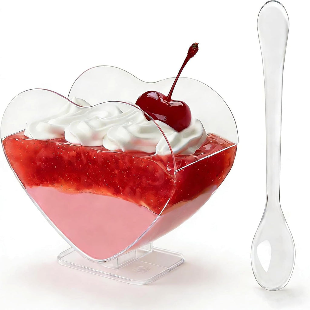 Qeirudu 100 Pack 2.7 oz Heart Shaped Mini Dessert Cups with Spoons, Small Clear Parfait Cups, Plastic Party Serving Cups for Mousses, Puddings, Fruits