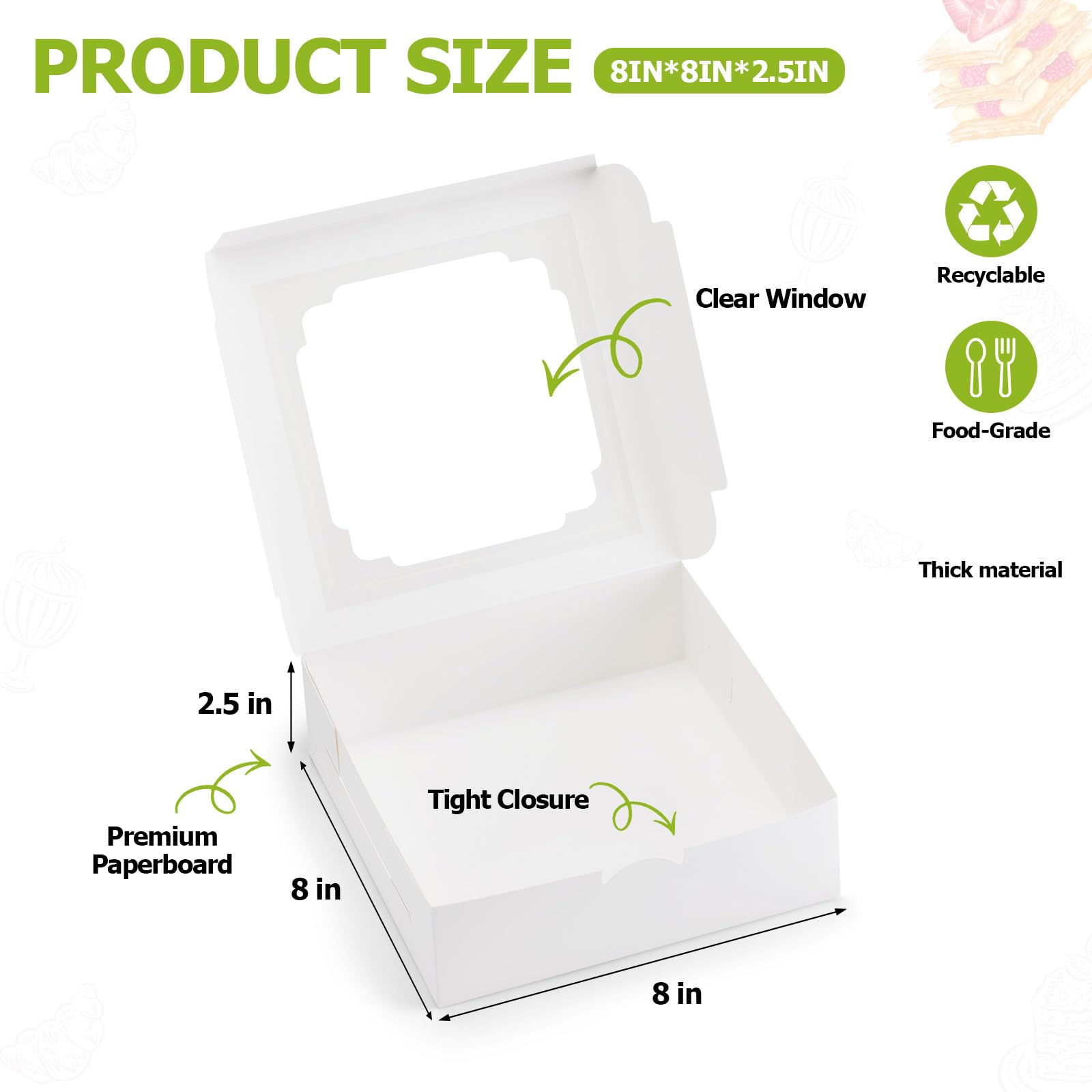 YODYZJ 20-Pack Bakery Boxes with Window, 8"x8"x2.5" White Treat Boxes for Dessert, Cookie, Chocolate Strawberry, Donut and Pastry