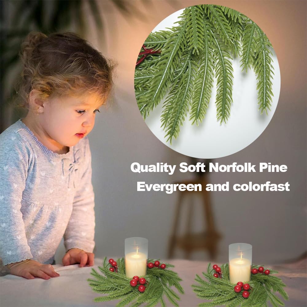 Norfolk Pine Candle Rings - 3Pcs Artificial Wreaths with Red Berry Accents | Festive Table Centerpieces