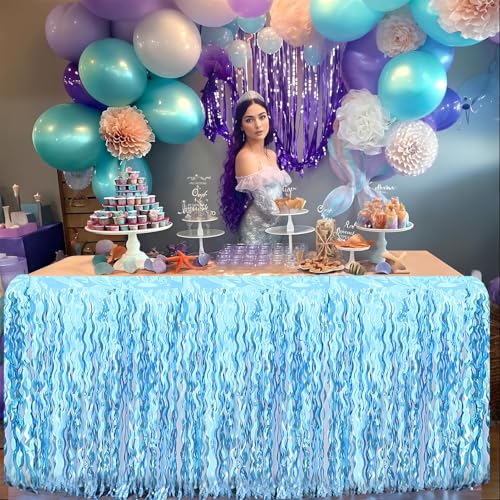 Blue Wavy Tinsel Fringe Table Skirts - 2 Pack, 108 x 29.5 Inches