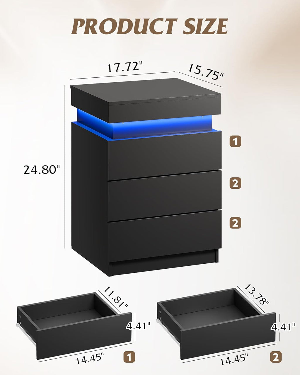 WLIVE Black Nightstand - Modern Bedside Table with Charging Station & LED Lights | 3 Drawers, Sliding Top