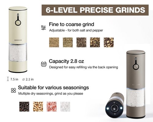 Stainless Steel Rechargeable Electric Salt and Pepper Grinder Set – USB Charging, One-Hand Electric Mill, Adjustable Coarseness, LED Light & Dust Cover –2pack(Greige & Buttercream)