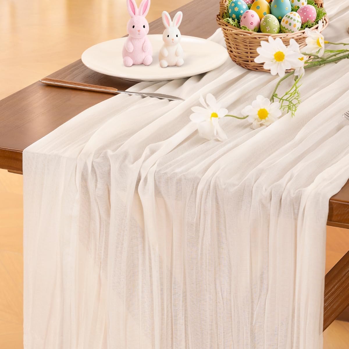 Socomi Ivory White Cheesecloth Table Runner - 120 Inch Boho Rustic Decor for Weddings & Events