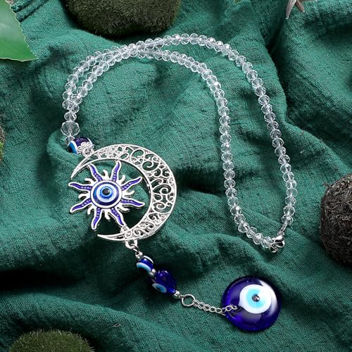 16.5-Inch Evil Eye Car Pendant with Moon & Sun Beads - Blue Decor