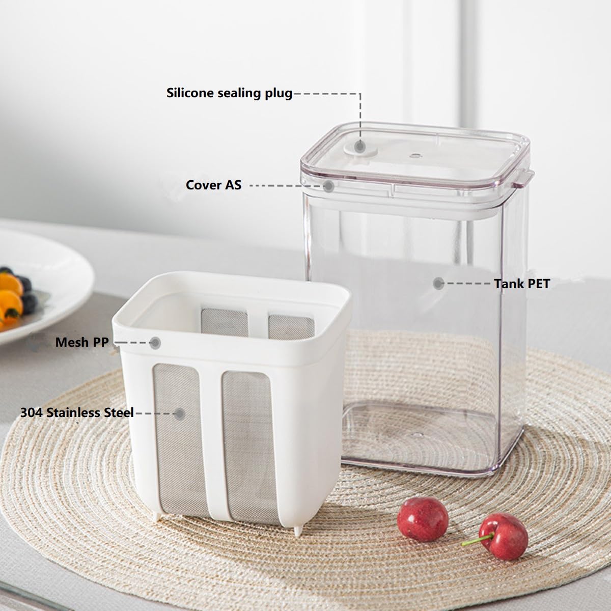 Yogurt Strainer—[1.16QT/0.29GAL] Total & [0.55QT/0.1375GAL] Filter, Greek Yogurt Strainer Yogurt Press, BPA-Free PP Strainer for Whey Separation & Greek Yogurt Maker(Total1.16QT)