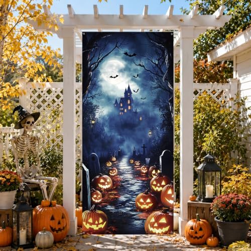 Halloween Pumpkin Castle Door Cover - 35x79 Inch Spooky Banner