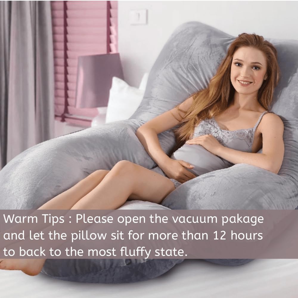 Skiennix 60-Inch U-Shaped Pregnancy Pillow - Cooling Full Body Support with Removable Velvet Cover | Grey