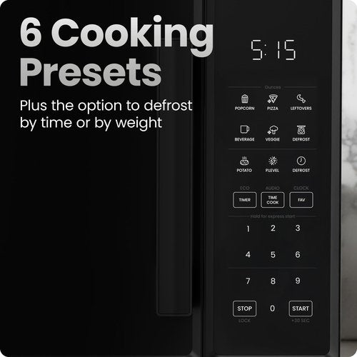 Chefman Countertop Microwave Oven 0.9 Cu. Ft., 900 Watts with 10 Power Levels, 6 Cooking Presets with One-Touch Express Cook, Eco Mode, Child Safety Lock, & Mute Button - Black