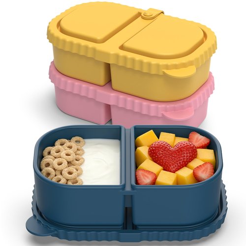 ICEROYCE 3 Pack Reusable Silicone Snack Containers with Lids, 2 Compartment Leakproof Food Storage Containers, BPA-Free Portable Snack Boxes for Lunch, School, Adults