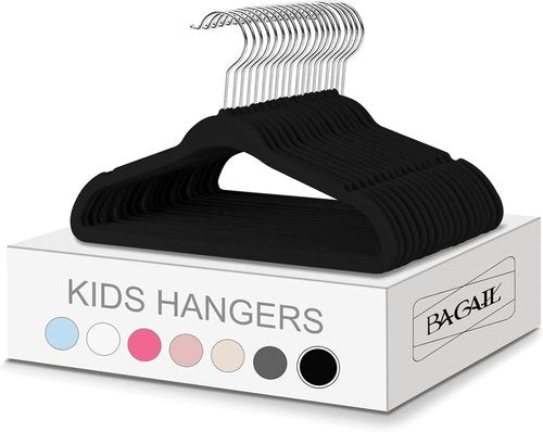 BAGAIL Kids Velvet Hangers - Non-Slip 14-Inch Children's Clothes Hangers | 50 Pack in Black