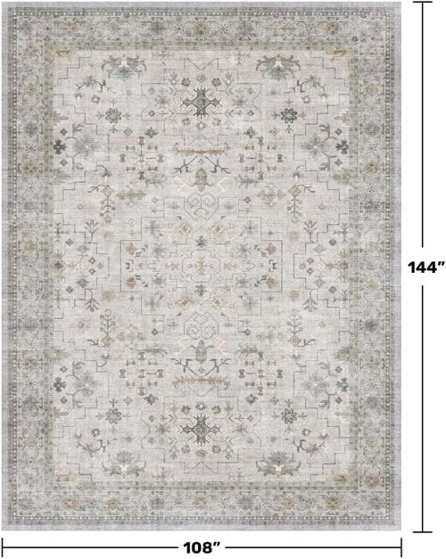 Hazo Haus Boho Living Room Rug - Light Grey Floral Design | Washable Low Pile 9x12 Extra Large Area Rug