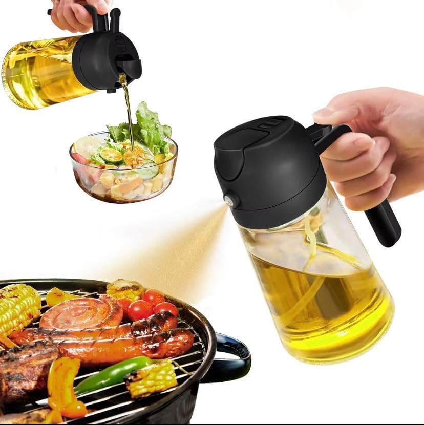 TrendPlain 16oz Glass Olive Oil Sprayer - 2-in-1 Dispenser Bottle for Cooking & BBQ - Black