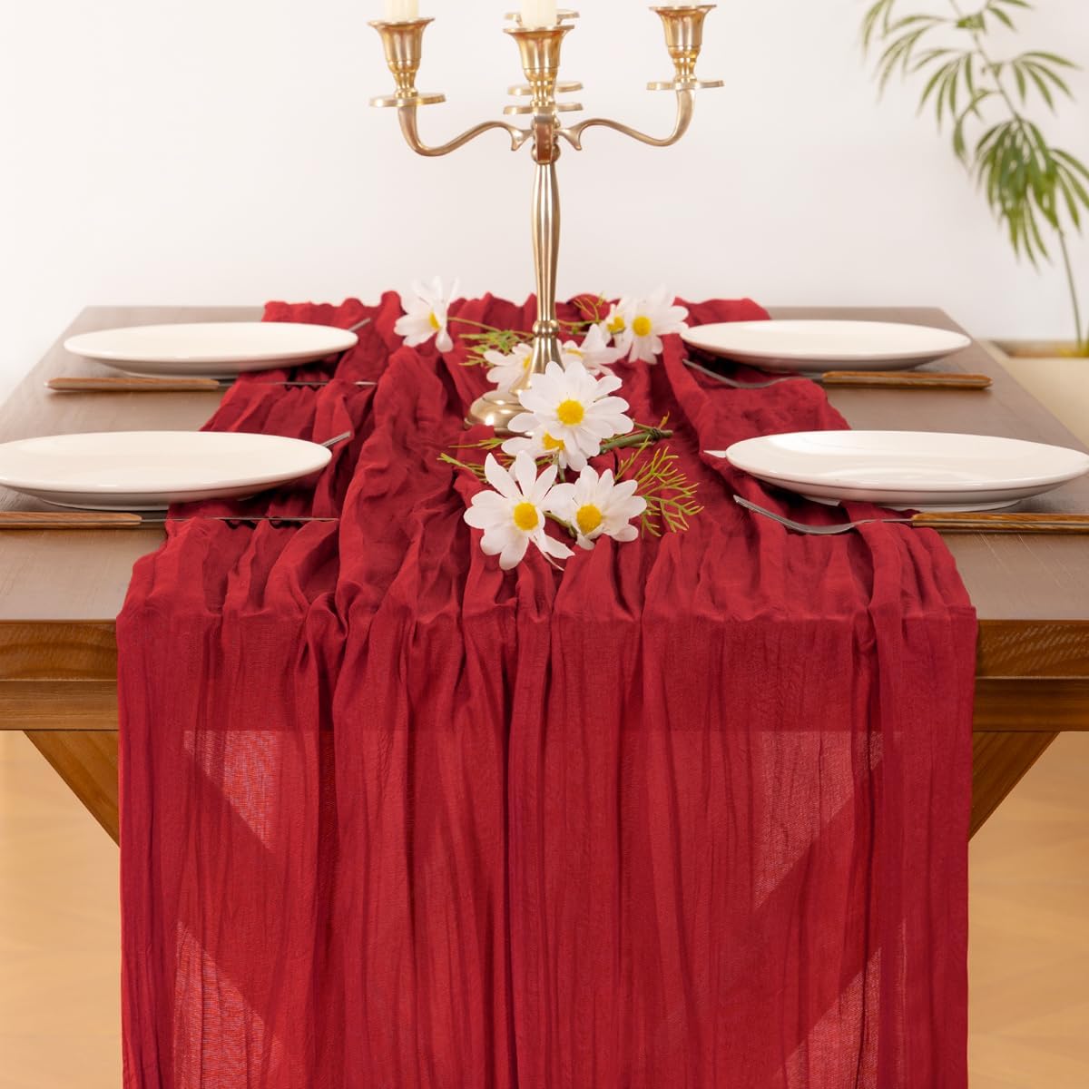 Socomi Cheesecloth Table Runner - 120 Inch Red Boho Rustic Decor for Weddings & Parties