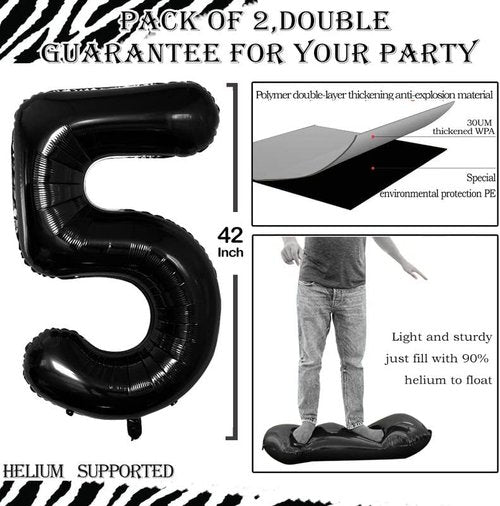 GOER Black Foil Number 5 Balloons - Giant 42" & 32" Birthday Party Decorations (3 Pack)